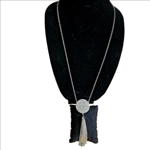 Faux Pearl Medallion with Metal Fringe Long Pendant Necklace